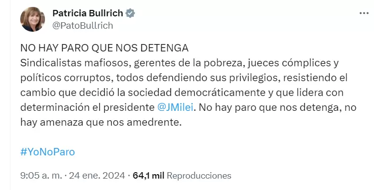 Posteo de Patricia Bullrich