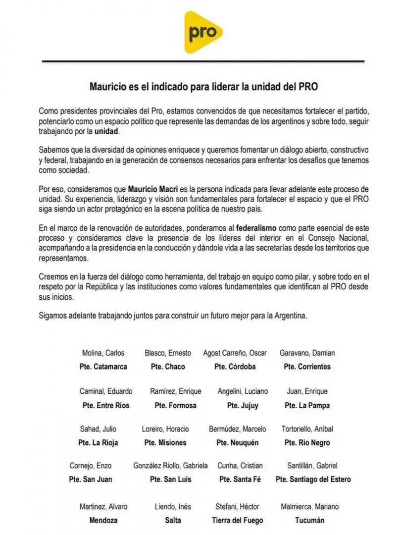 La carta de los presidentes provinciales del PRO