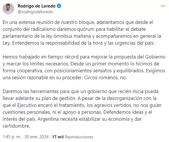 El tuit de Rodrigo de Loredo donde confirma que el bloque de la UCR que preside en la Cmara Baja apoyar la Ley mnibus.