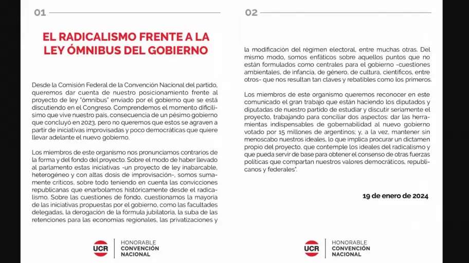 La Convencin Nacional del radicalismo del 19 de enero, se haba pronunciado en contra del apoyo a la Ley mnibus.