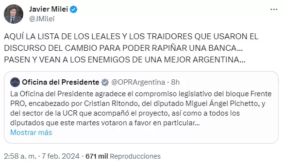 Milei enumer a los "traidores" que se opusieron a la Ley Bases