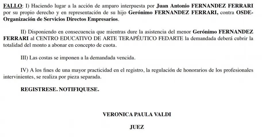 El fallo de la jueza Vernica Paula Valdi contra OSDE y a favor del amparo de la familia de Gernimo Fernndez Ferrari.