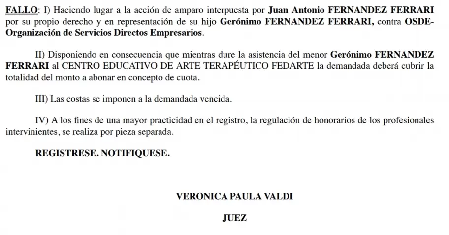 El fallo de la jueza Verónica Paula Valdi contra OSDE y a favor del amparo de la familia de Gerónimo Fernández Ferrari.