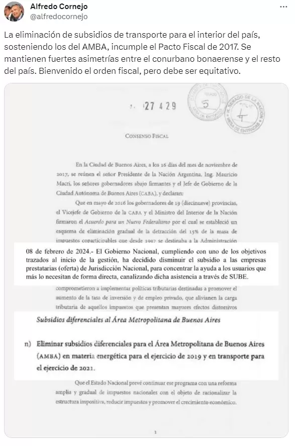 El tuit de Alfredo Cornejo en donde cuestion la decisin del gobierno de Milei de quitarle los subsidios al transporte a las provincias.