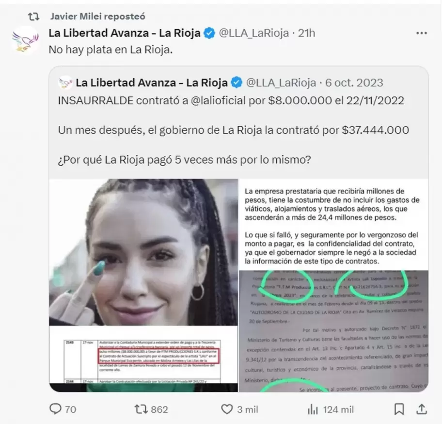 Tweet de La Libertad Avanza, retuiteado por Javier Milei