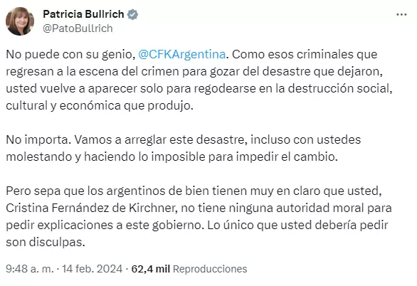 El descargo de Bullrich contra Cristina Kirchner