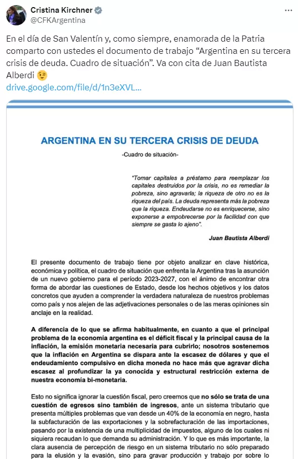 El documento que comparti CFK en redes sociales