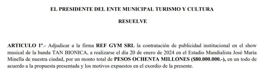 La pauta de General Pueyrredón para la publicidad en el recital de Tan Biónica que se realizo en el Estadio Mundialistas del municipio.
