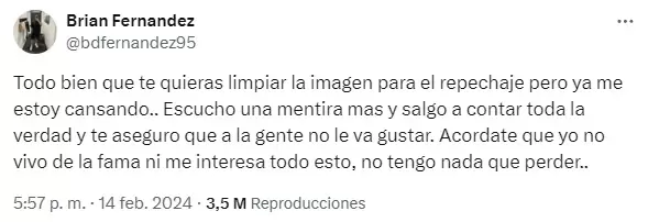 El tuit de Brian Fernndez donde amenaz a su ex Sabrina Cortez de cara al repechaje de Gran Hermano.