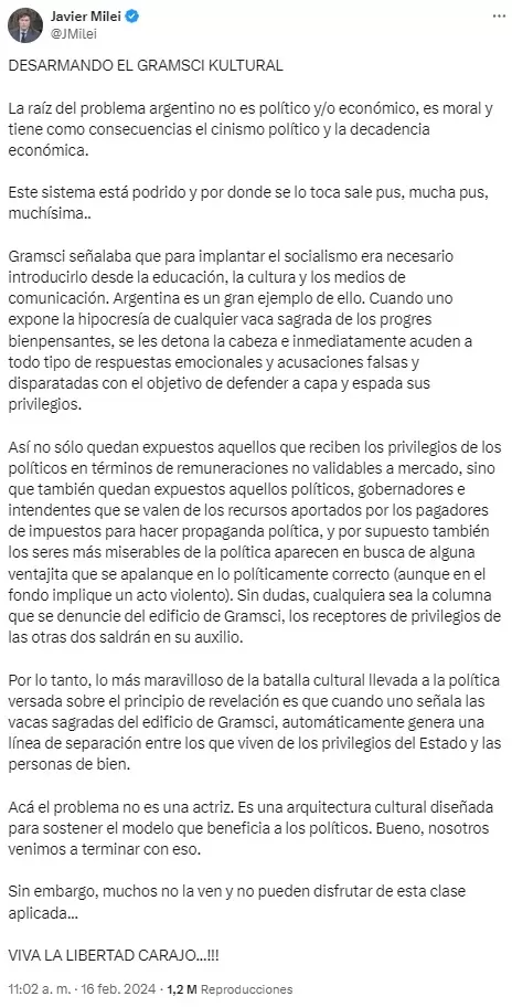 El ltimo posteo de Javier Milei que mezcl a Antonio Gramsci con Lali Espsito.