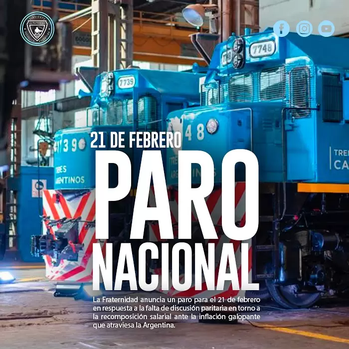 El flyer con el cual La Fraternidad anunci el paro nacional de 24 horas de conductores de trenes y maquinistas para el 21 de febrero.