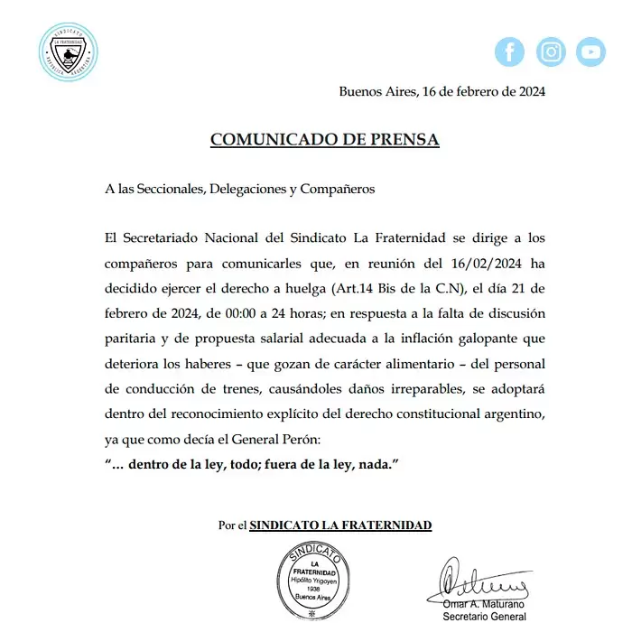 El comunicado donde La Fraternidad anunci el paro nacional de 24 horas para el mircoles 21 de febrero.