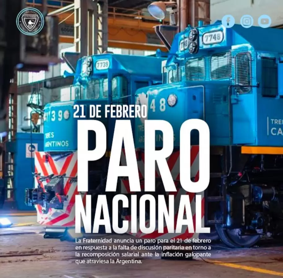 "La Fraternidad" convoca a paro nacional de trenes para el 21 de febrero