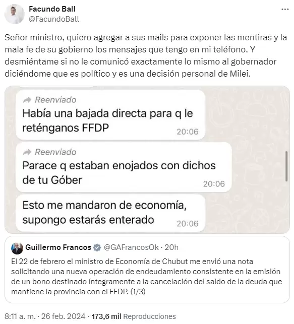 La respuesta del ministro de Economa chubutense a Guillermo Francos, donde expuso la intencionalidad poltica de Milei de quitarle fondos a Chubut.