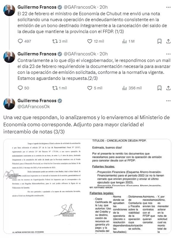 El tuit de Guillermo Francos donde intent negar la intencionalidad poltica de quitarle fondos a Chubut.