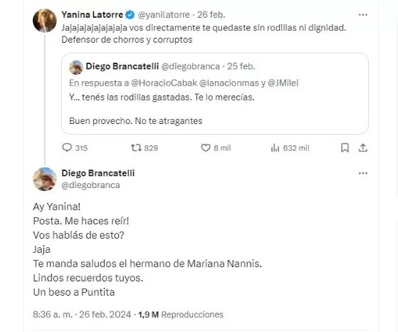 Yanina Latorre y Diego Brancatelli protagonizaron un tenso cruce mediante Twitter.