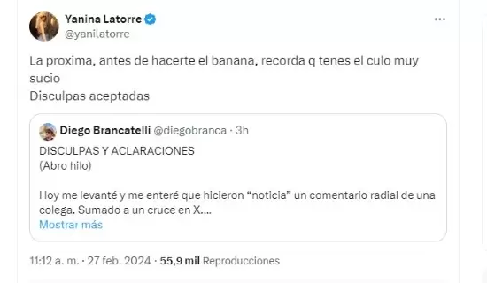 Yanina Latorre y Diego Brancatelli protagonizaron un tenso cruce mediante Twitter.