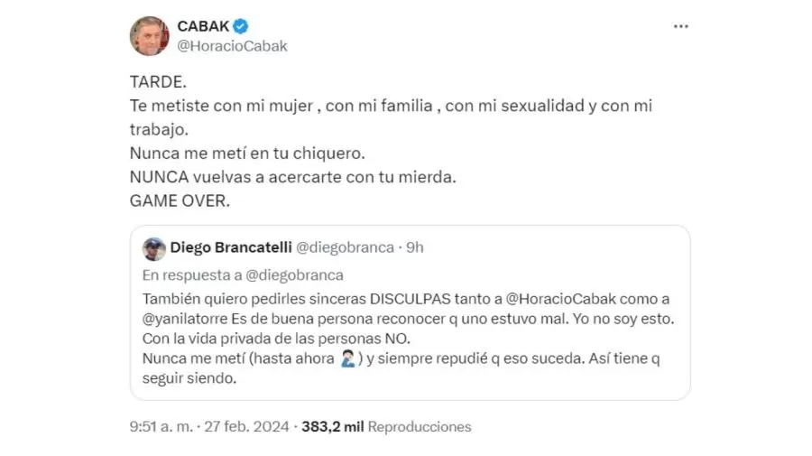 La reaccin de Cabak al pedido de disculpas de Brancatelli