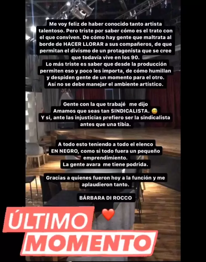 La historia que subi Barbie Di Rocco en su Instagram en donde apunt a Diego Ramos y Jos Mara Muscari por su salida de Sex.