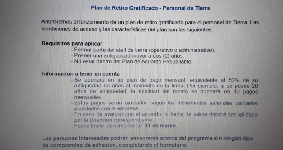 La carta donde presentaron los retiros voluntarios en Aerolneas Argentinas.