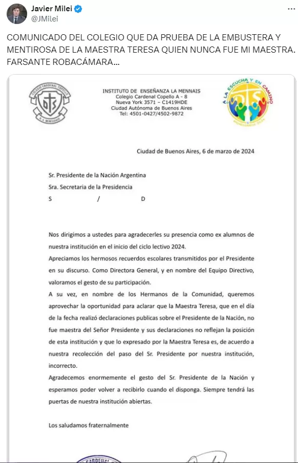 El tuit de Javier Milei contra Teresa, la docente que dijo haber sido su maestra