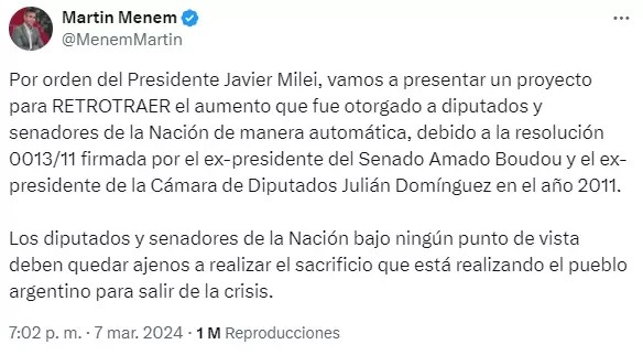El llamativo tuit de Menem sobre el aumento a los legisladores.