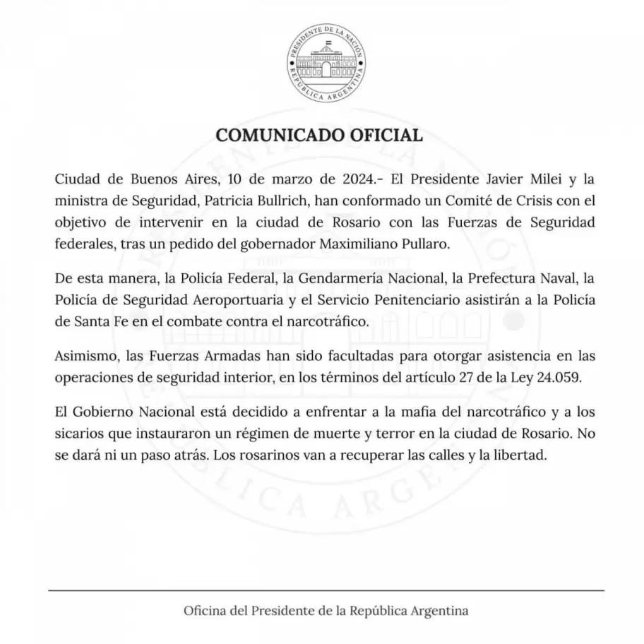 El comunicado de la Oficina del Presidente en donde ponen a disposicin a las Fuerzas Federales para luchar contra el narcotrfico en Rosario.