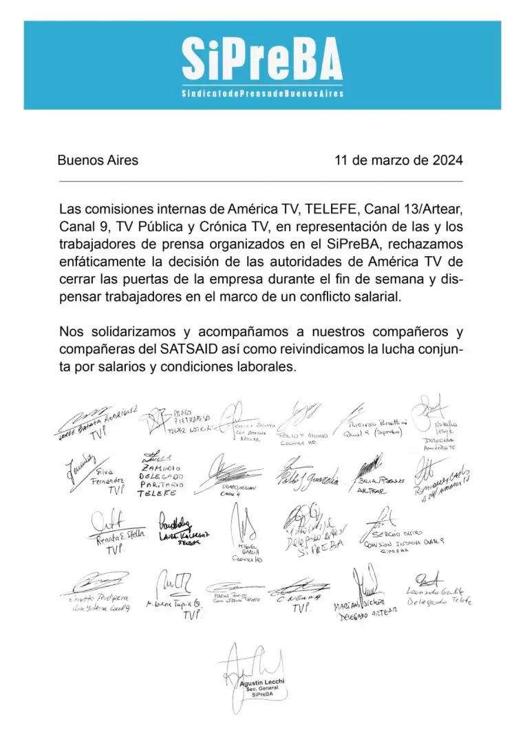 Las Comisiones Internas de los canales de TV, nucleadas en sipreba, se solidarizaron con los trabajadores de Amrica TV y A24.