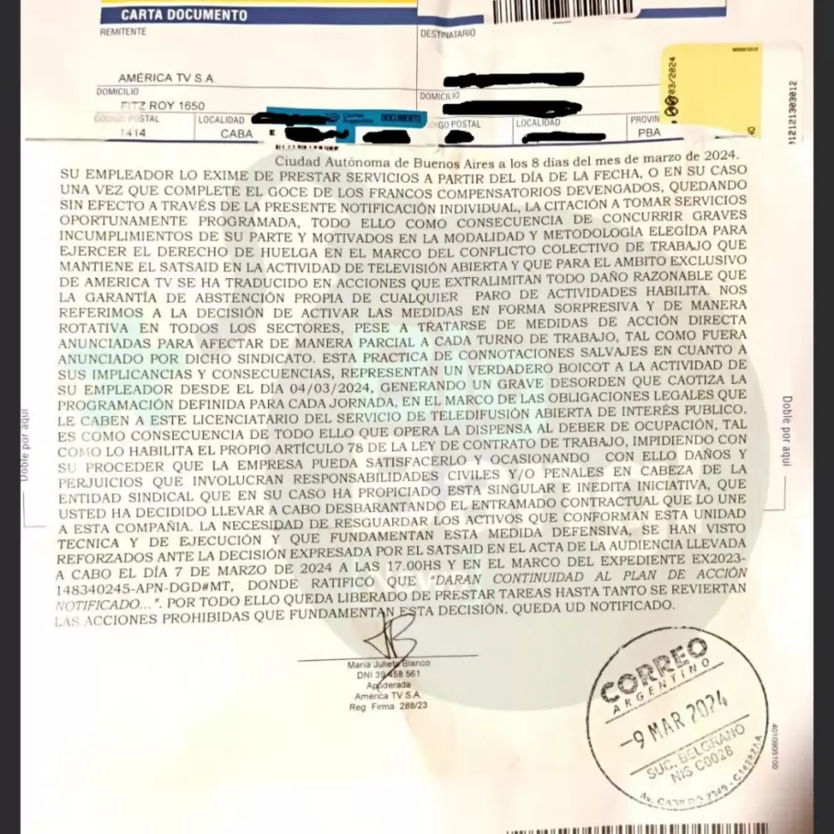 La carta documento que el canal les mand el sbado a los suspendidos.