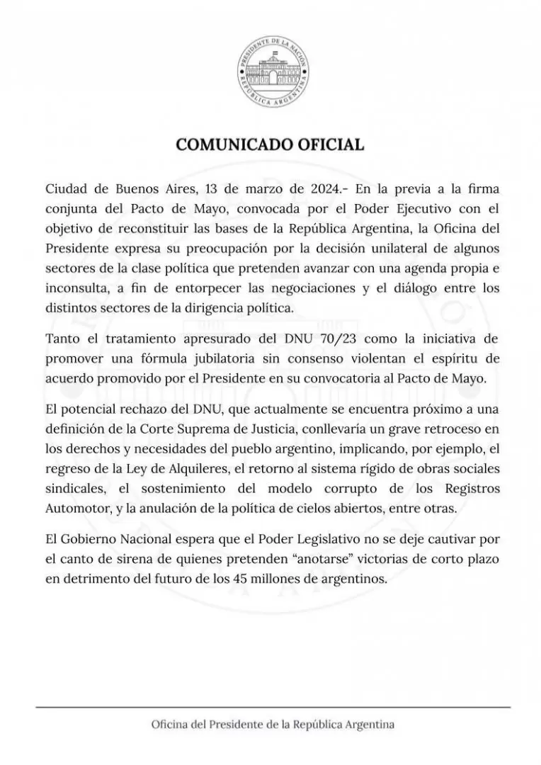 El comunicado de la oficina del presidente