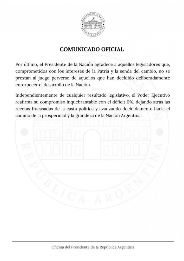 El comunicado de la oficina del presidente