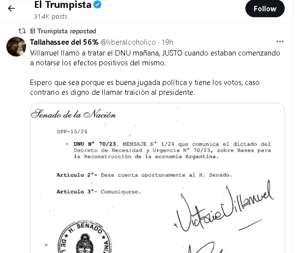 Uno de los miles de tweets contra Villaruel por el DNU