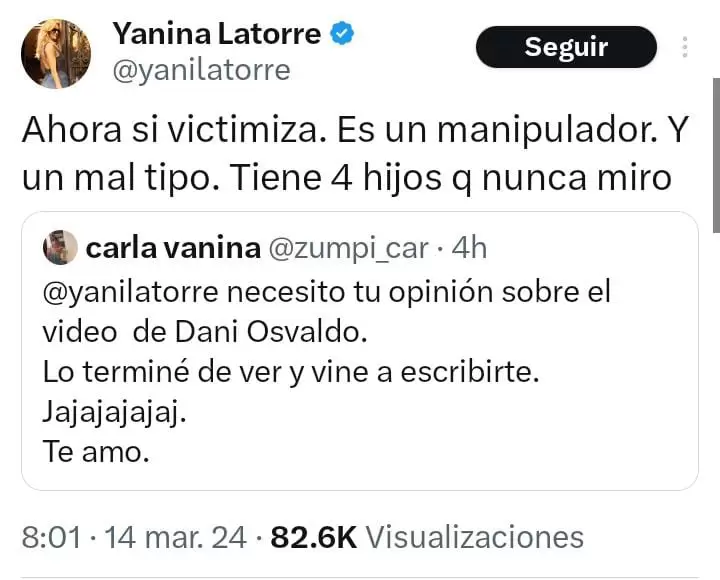 "Vctima" y "Manipulador": as defini Yanina Latorre a Daniel Osvaldo.