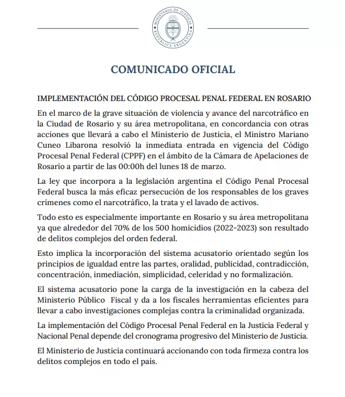 Comunicado de prensa del Ministerio de Justicia