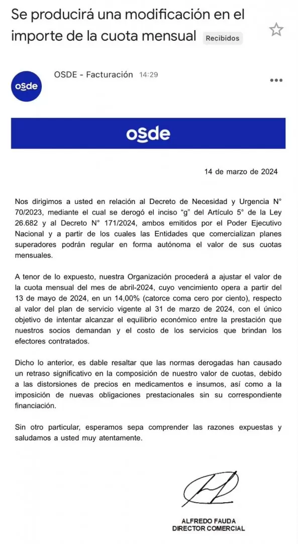 El mail de Osde anunciando el aumento.