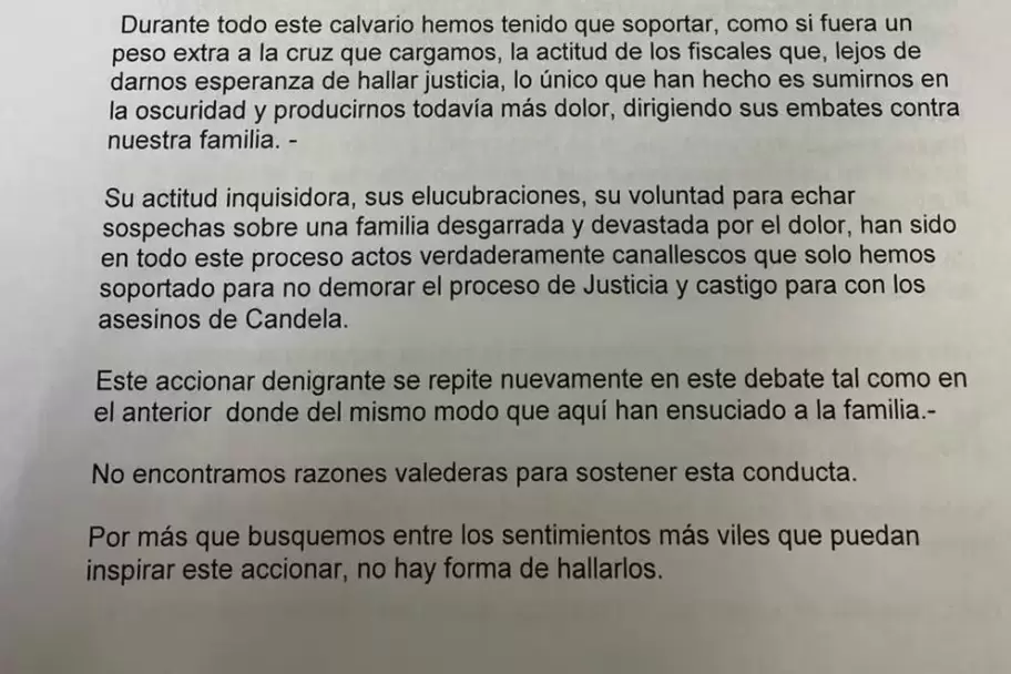 El escrito presentado por la mam de Candela