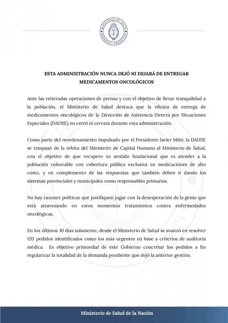 Comunicado sobre la entrega de medicamentos oncolgicos