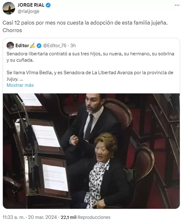 Jorge Rial apunt contra la senadora Vilma Facunda Bedia por nepotismo.