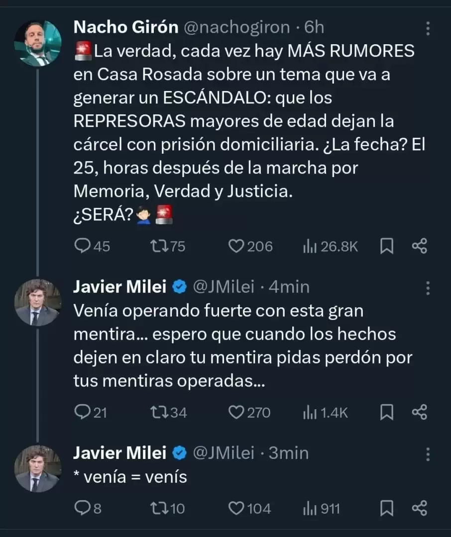 Milei desmiente el indulto en Twitter.