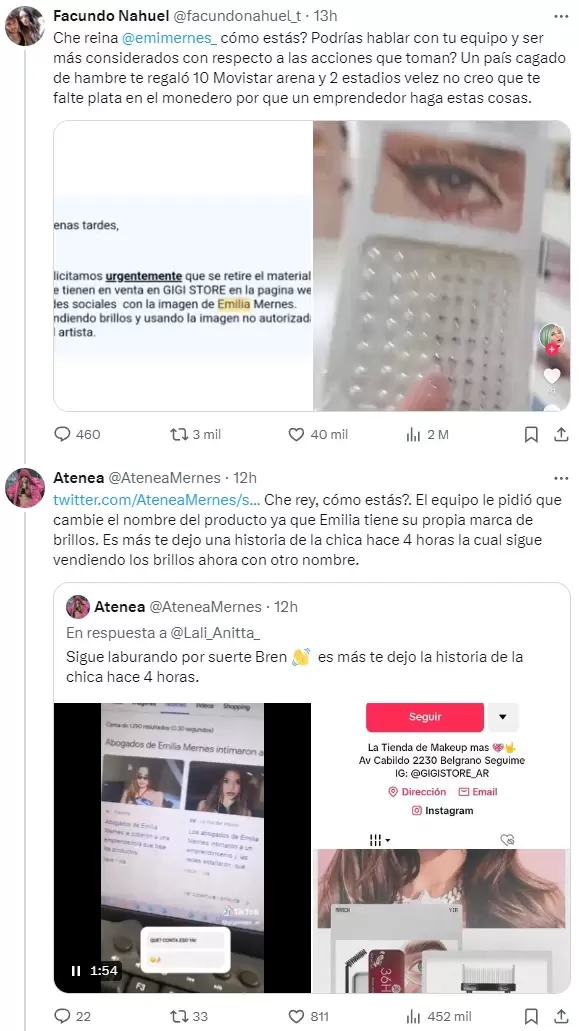 Los cruces en Twitter entre detractores y defensores de Emilia Mernes, tras intimar a emprendedores que usan su imagen.