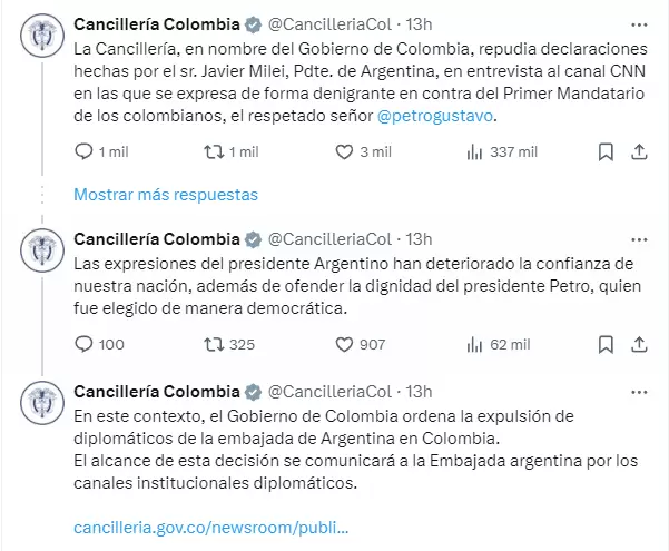 El mensaje de Cancillera Colombia sobre los polmicos dichos de Milei