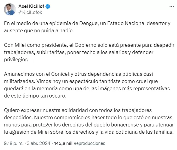 El descargo de Kicillof contra el Gobierno de Milei.