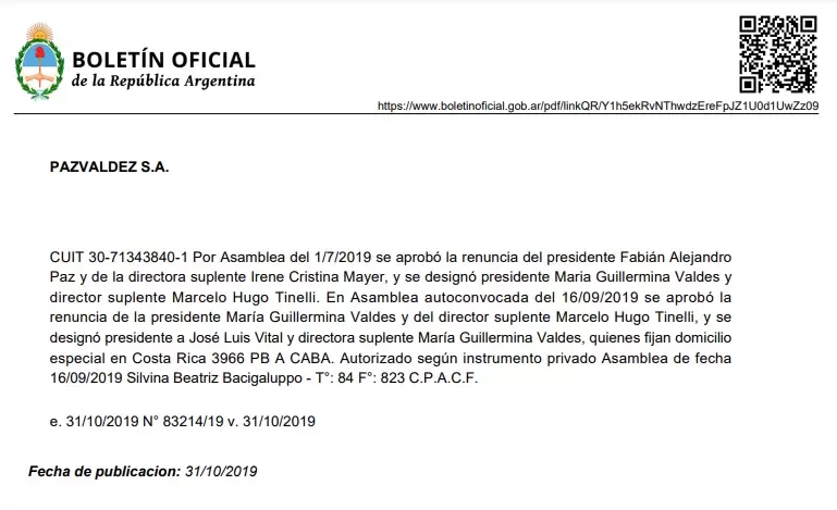 La publicacin en el Boletn Oficial donde se nombran presidenta y director suplente de Pazvaldez S.A. a Guillermina Valds y Marcelo Tinelli.
