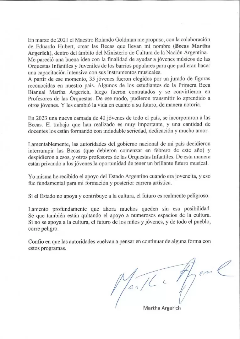 El documento firmado por Martha Argerich que hizo llegar a los medios.