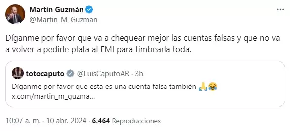 La chicana con la que Martn Guzmn le contest a Luis "Toto" Caputo en sus redes sociales.