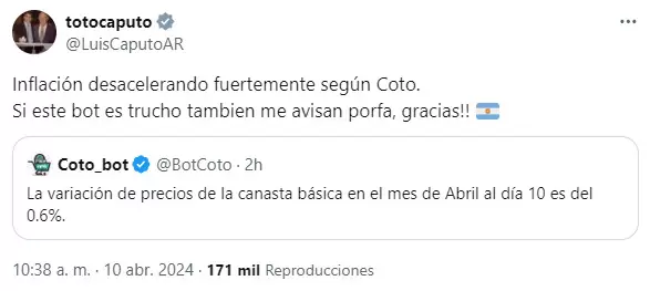 Luis "Toto" Caputo celebr, otra vez, los resultados econmicos de un bot.