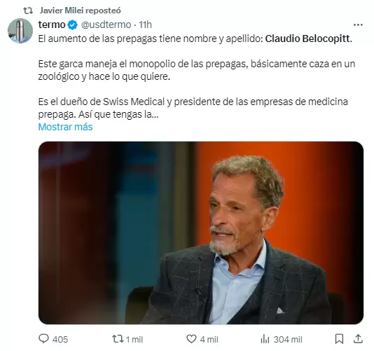 Uno de los retuits de Javier Milei contra Claudio Belocopitt y los empresarios de medicina prepaga.