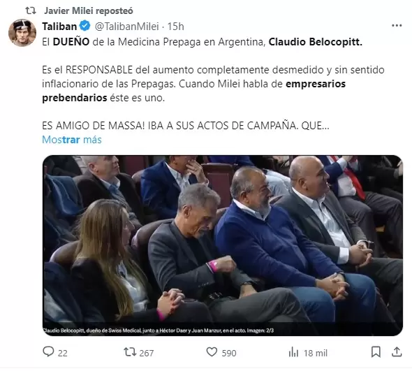 Uno de los retuits de Javier Milei contra Claudio Belocopitt y los empresarios de medicina prepaga.