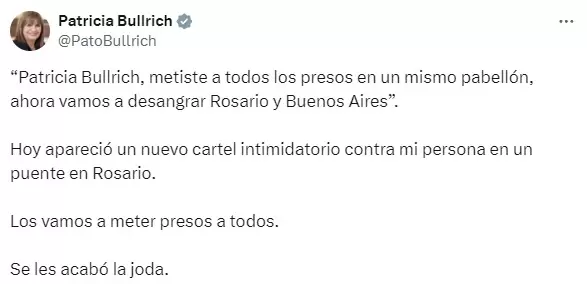El tuit de Patricia Bullrich contra las amenazas narco que recibi en pintadas en Rosario.