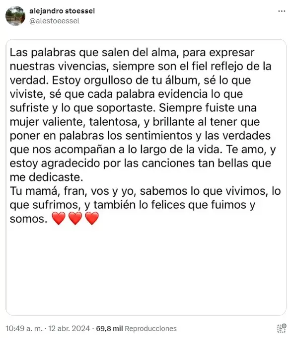 El posteo de Alejandro Stoessel en agradecimiento a Tini por su nuevo disco y las canciones que le dedic.